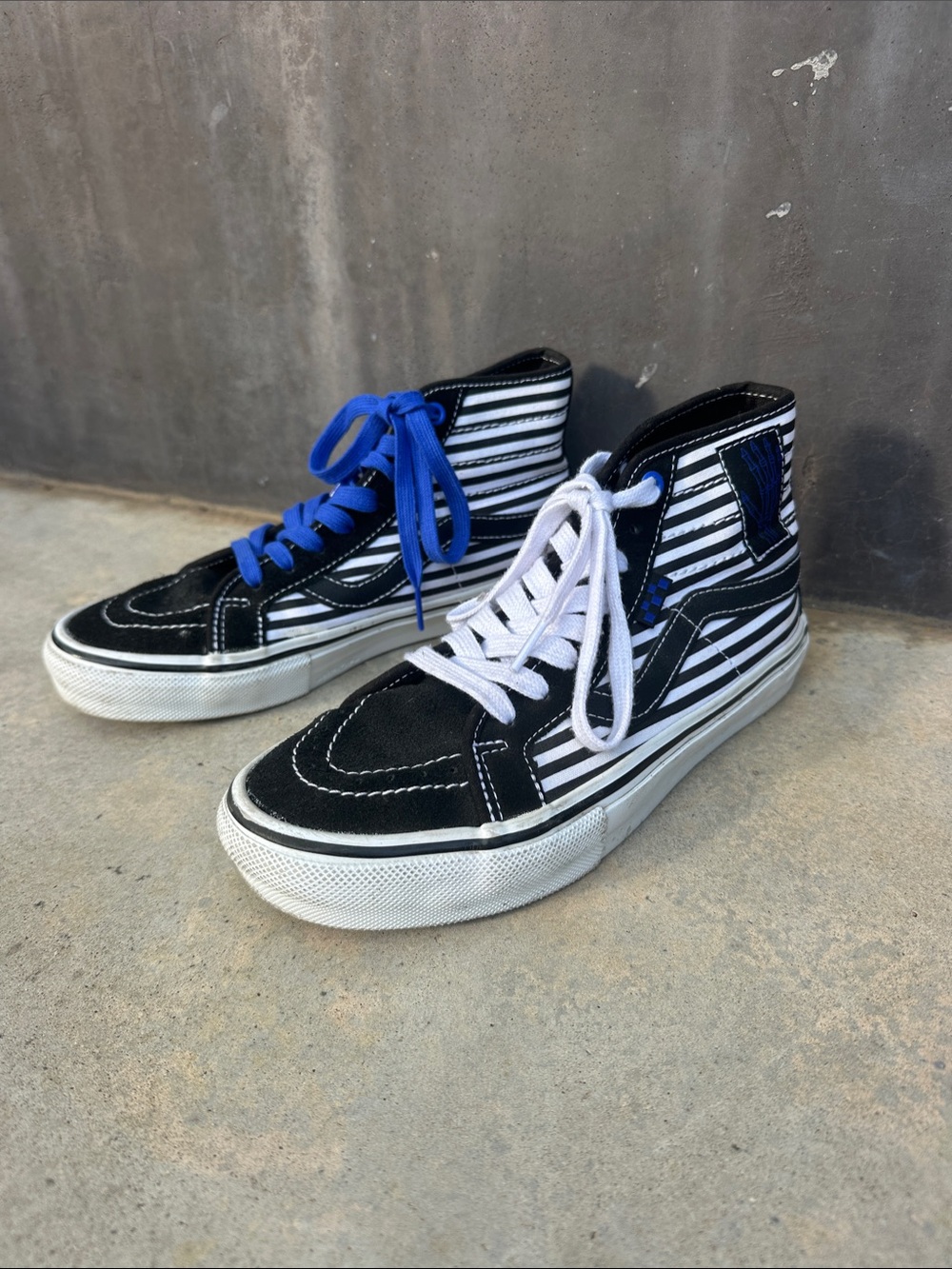 Vans Kids Black & White High-Top Sneakers with Blue and White Laces
